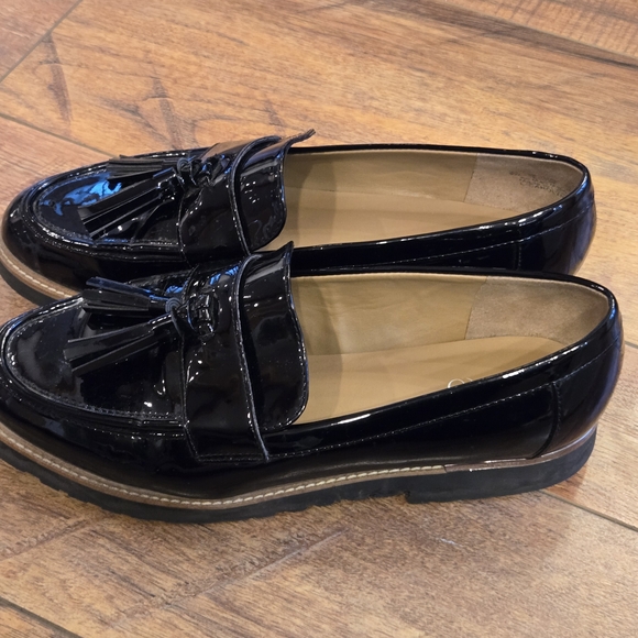Franco Sarto Faux Black Patent Leather Loafers With Tassels 9W - Picture 2 of 8